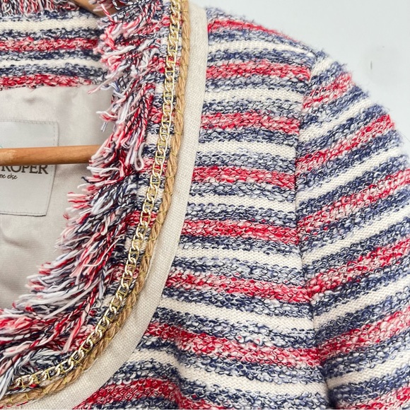 ANTHROPOLOGIE x Boston Proper Multicolor Tweed Striped Fringe Chain Jacket Sz 2 - Picture 7 of 16